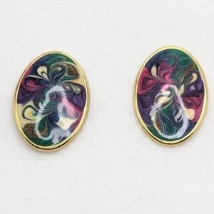Multicolored Marbled Oval Gold Trimmed Stud Earrings